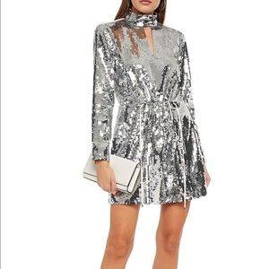 TIBI- Sliver Sequin Drawstring High Neck Contrasting Longsleeve Mini Dress